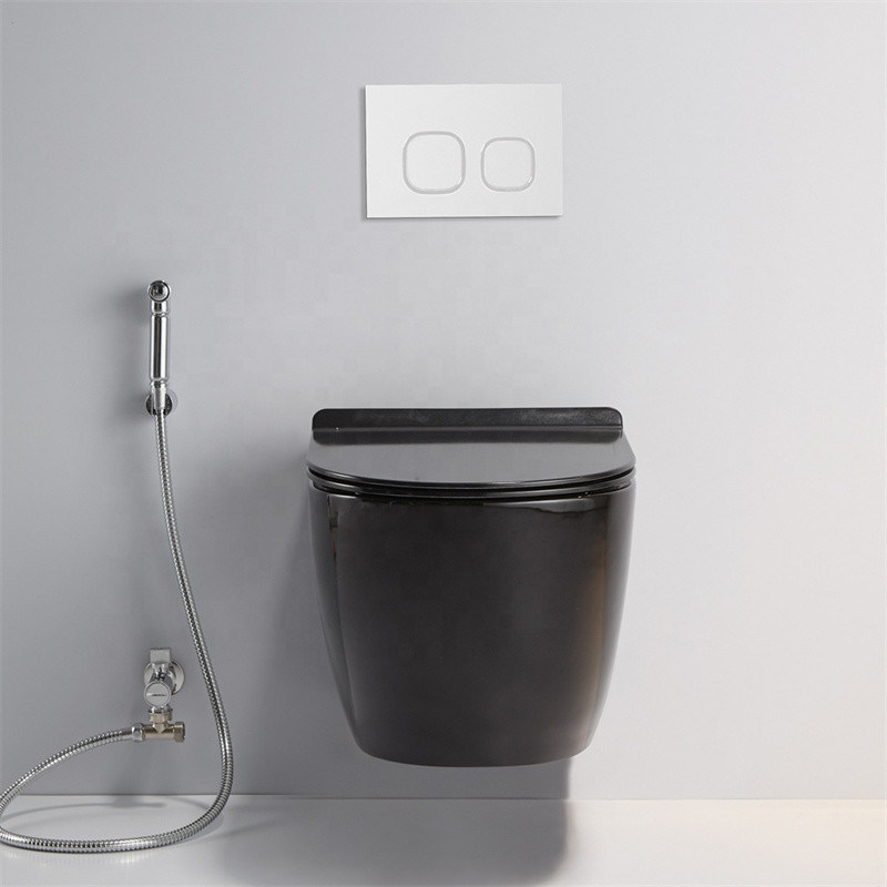 Porcelain One Piece Seamless Wall Mounted Elongated Toilet Black Color