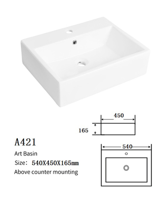 Porcelain Above Countertop Mounted Bathroom Sink 400mm Wide Handcraft