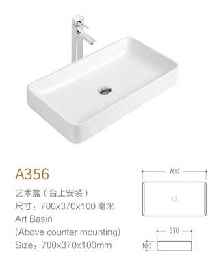 White Counter Top Bathroom Sink 700mm 300mm Ceramic Rectangle Vessel Basin