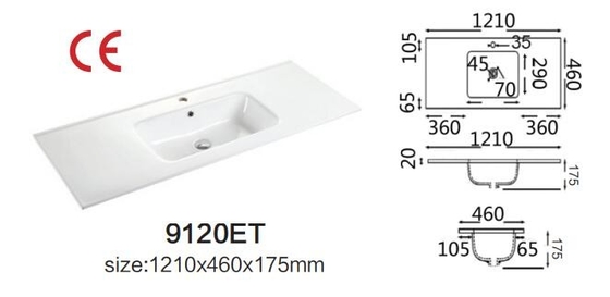 Washroom Vanity Top Bathroom Sink Porcelain Integrated 1210X460X175mm