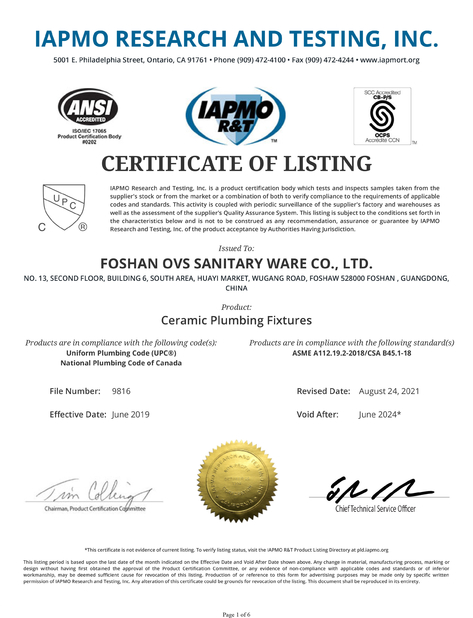 China Foshan OVC Sanitary Ware Co., Ltd Certification